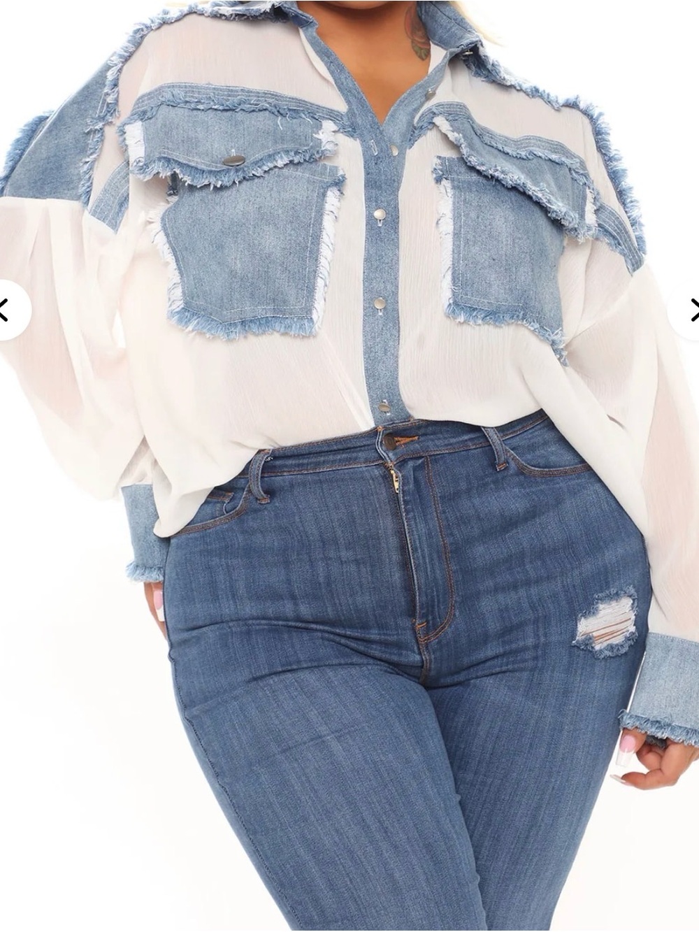 Sheer White Blouse with Light Denim Patch Details - Picture 2 of 3